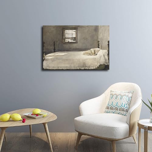 Dog Lying on Bed Scene Poster Canvas Painting Wall Decoration L33356