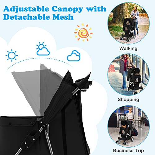 4 Wheels Pet Stroller, Folding Cat Dog Stroller with Storage Basket, Adjustable Canopy, All-Terrain EVA Wheels K1921