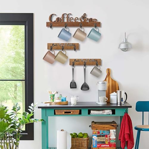 Mug Rack Wall Mounted with 10 Hooks, Wooden Coffee Cup Holder L3676