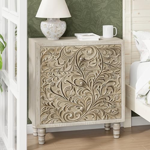 3 Drawer Farmhouse Dresser with Embossed Flower Motif, Vintage Nightstand for Bedroom R1559