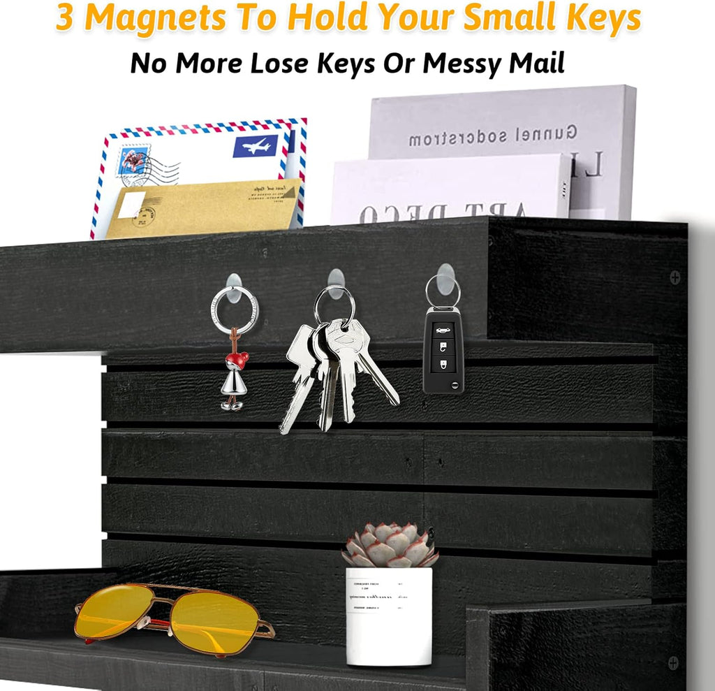 Wall Mounted Wooden Key Holder with 4 Hooks and Mail Organizer Shelf X16295