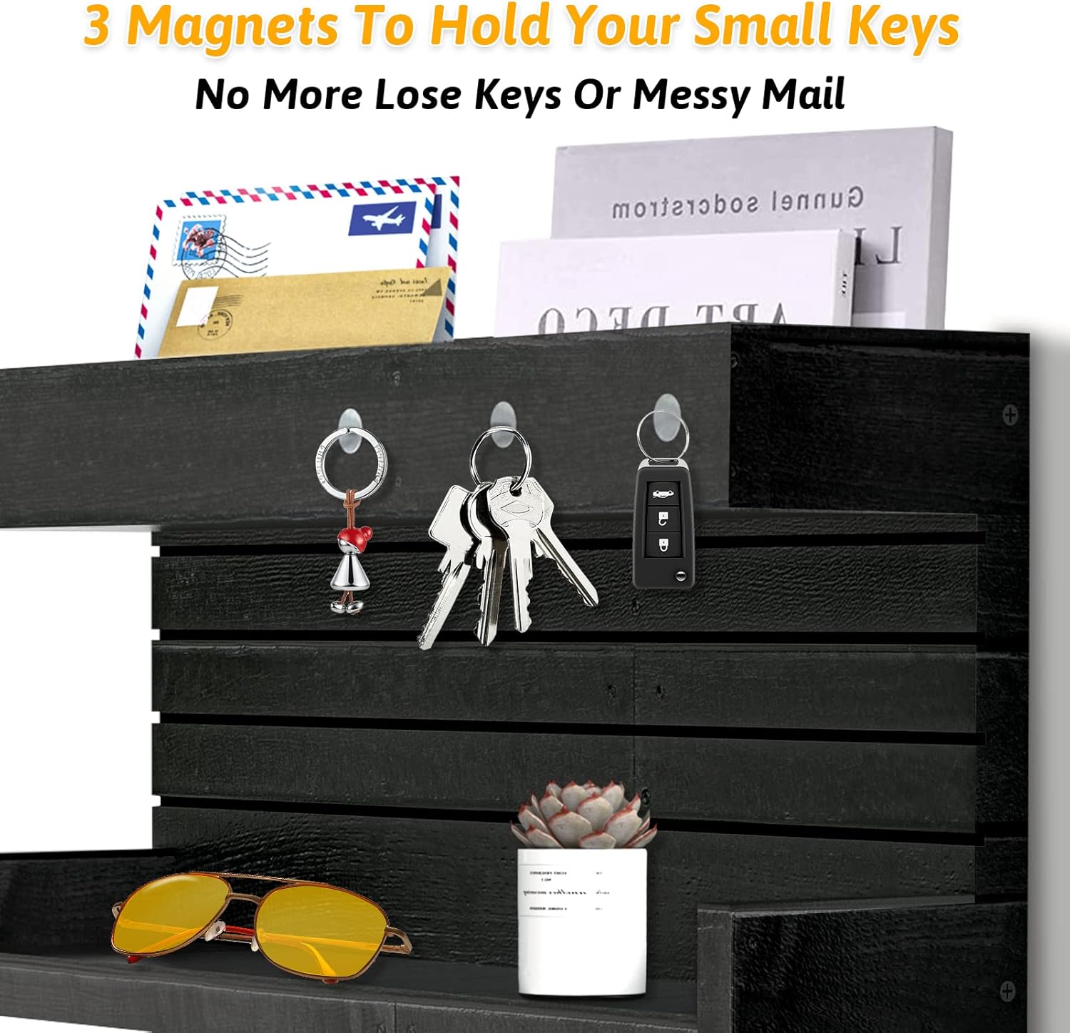Wall Mounted Wooden Key Holder with 4 Hooks and Mail Organizer Shelf X16295