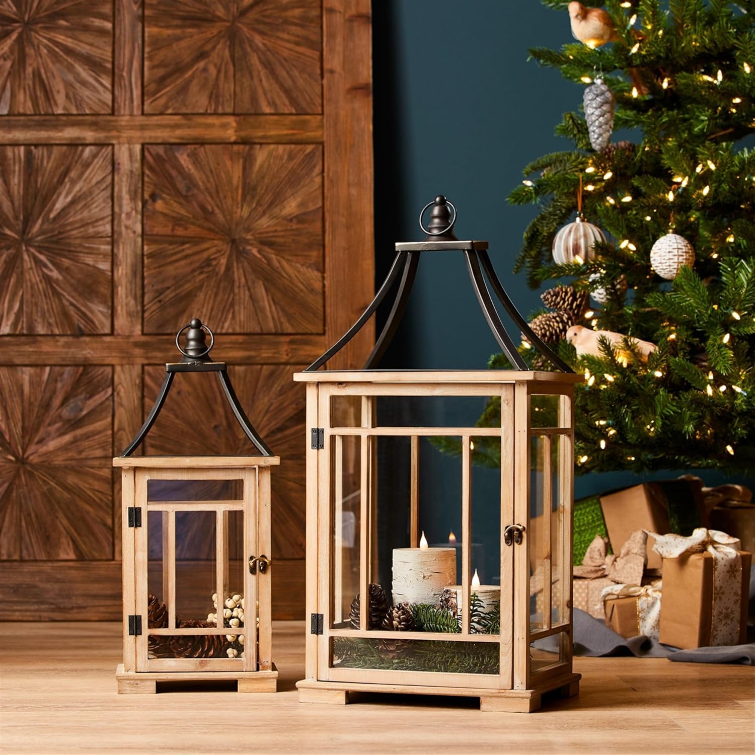 Rustic Wooden Candle Lantern, Set of 2, 23 and 31 Inches X2185