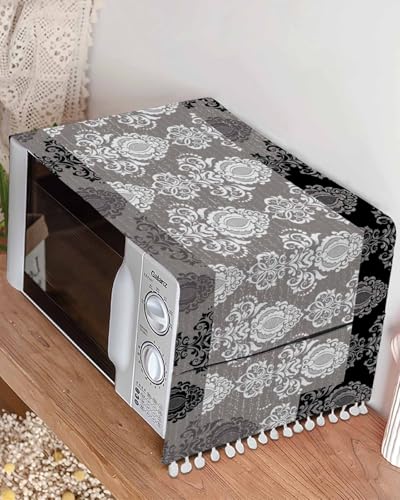Microwave Oven Dust Cover, Vintage Floral Grey Black White Anti-Slip with Storage Pockets U308259
