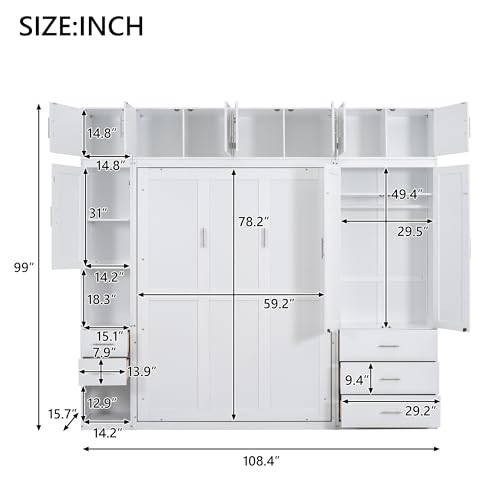Full Size Murphy Bed Wall Bed with Lockers and Wardrobes, Wooden Folding Cabinet Bed for Bedroom, Guest Room or Home Office M917276