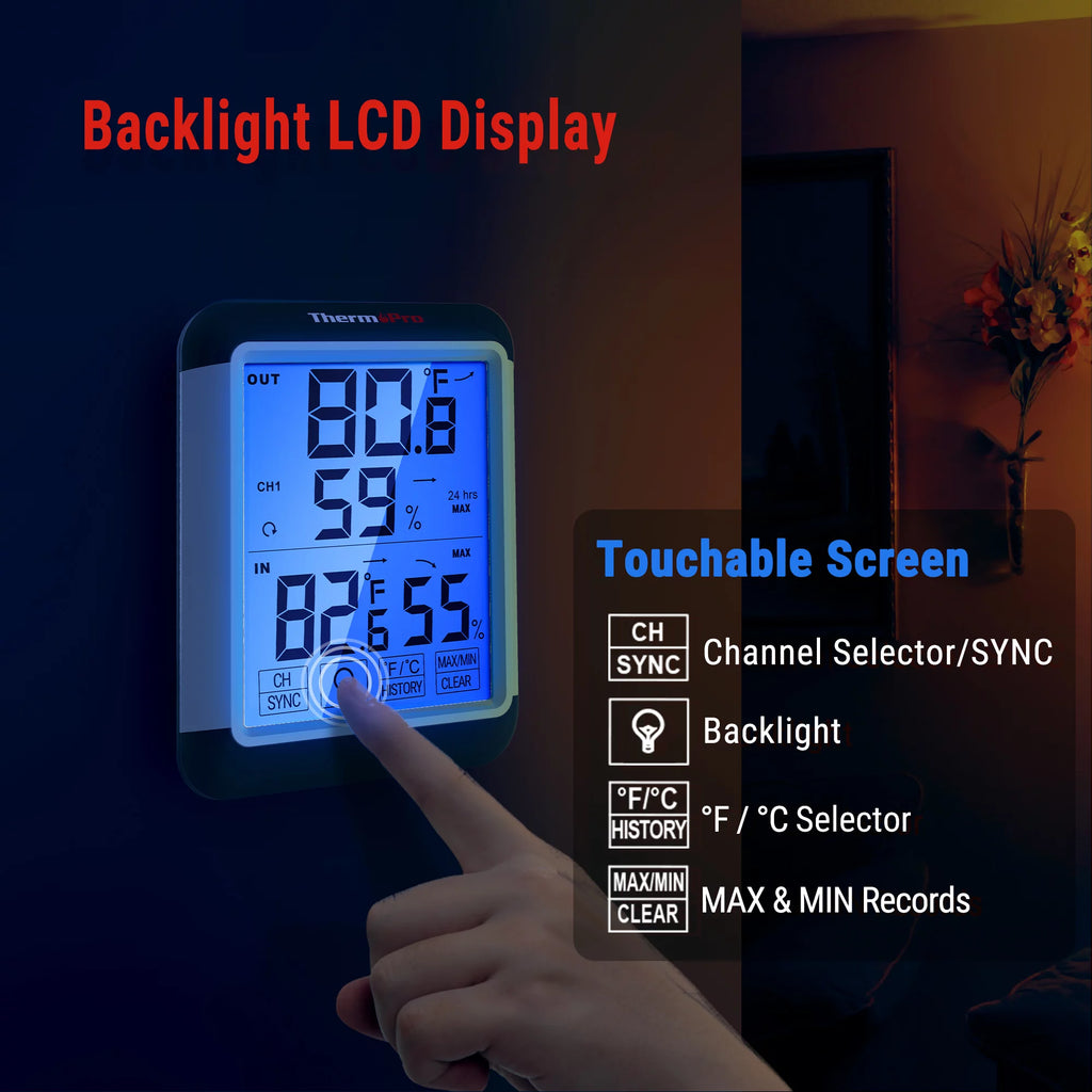 Indoor Outdoor Thermometer Wireless Hygrometer with Touchscreen J874