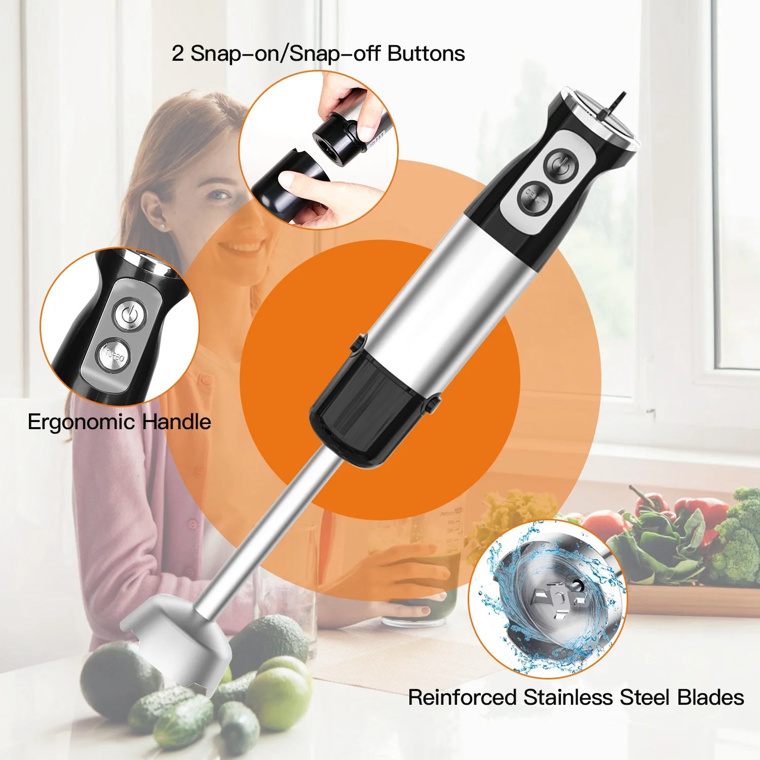 Immersion Hand Blender, 1000W Stainless Steel with 12 Speeds and Chopper P6192