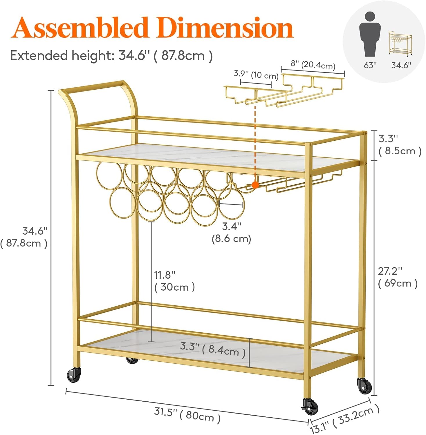 Bar Cart with 2 Tier Drink Storage and Wine Rack C9368