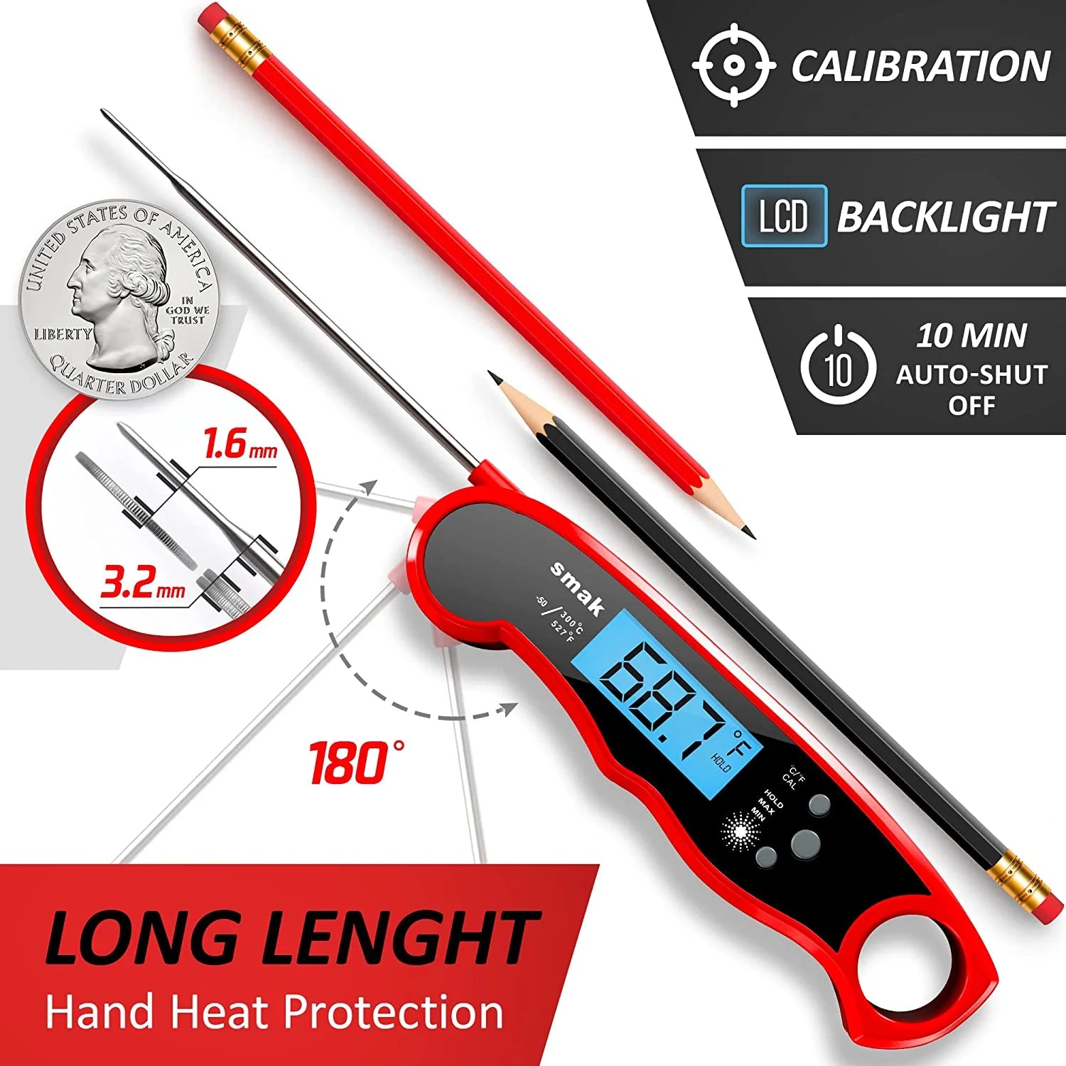 Instant Read Meat Thermometer with Backlight LCD for Cooking, BBQ, and Grilling G13863