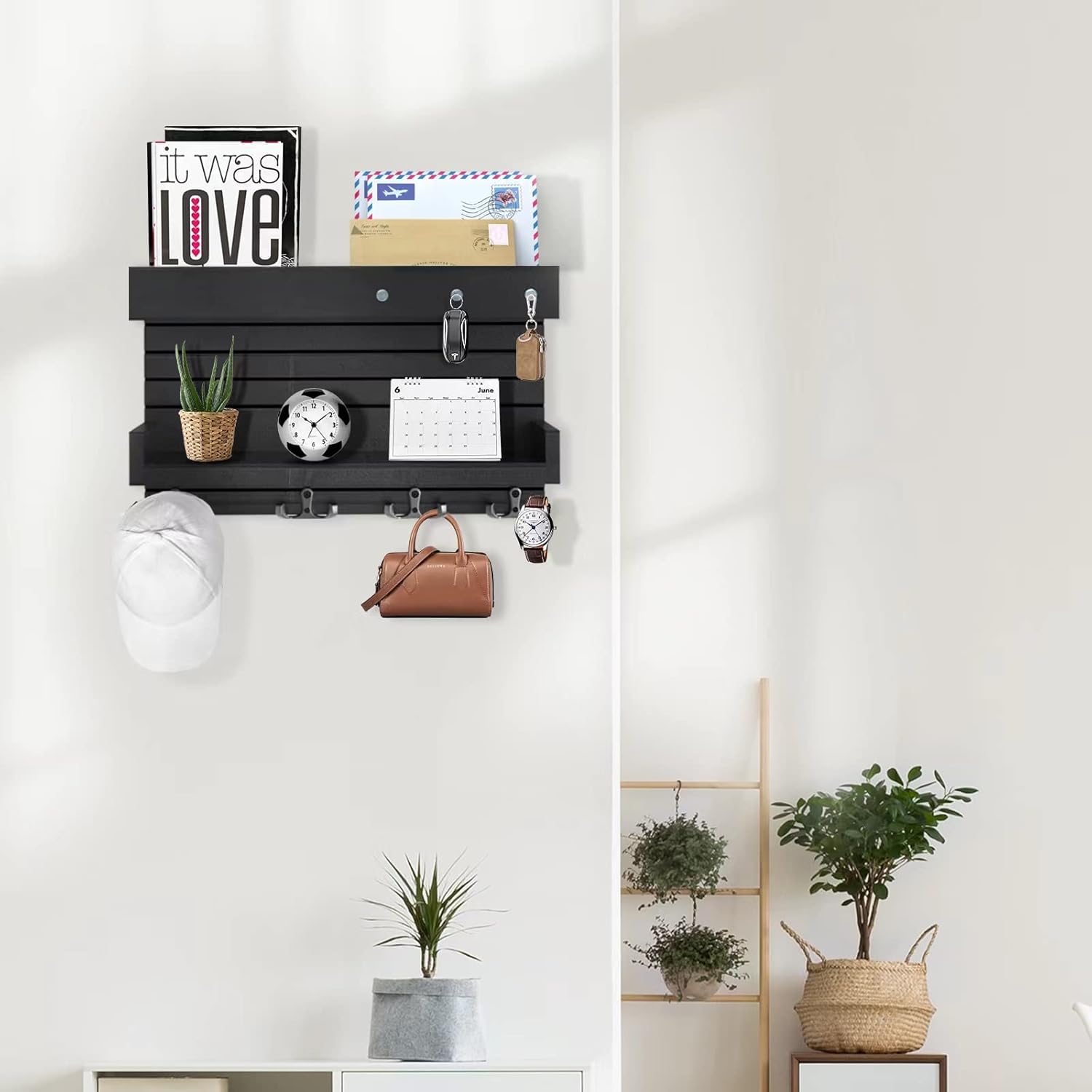 Wall Mounted Wooden Key Holder with 4 Hooks and Mail Organizer Shelf X16295