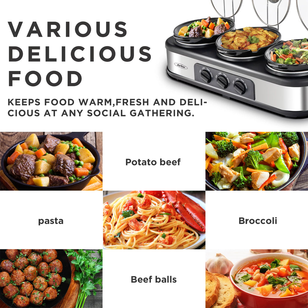 3 Pot 1.5 Quart Slow Cooker Buffet Server with Spoons, Stainless Steel K758414