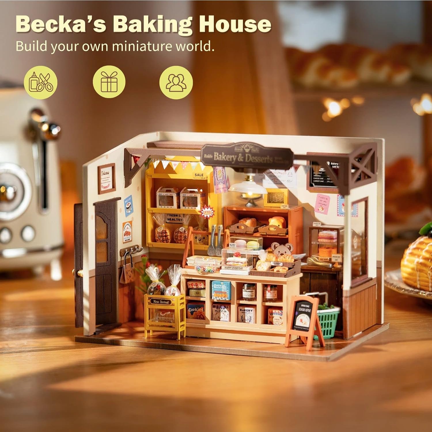 DIY Miniature Doll House Kit with LED Bakery Diorama Building Set W9198