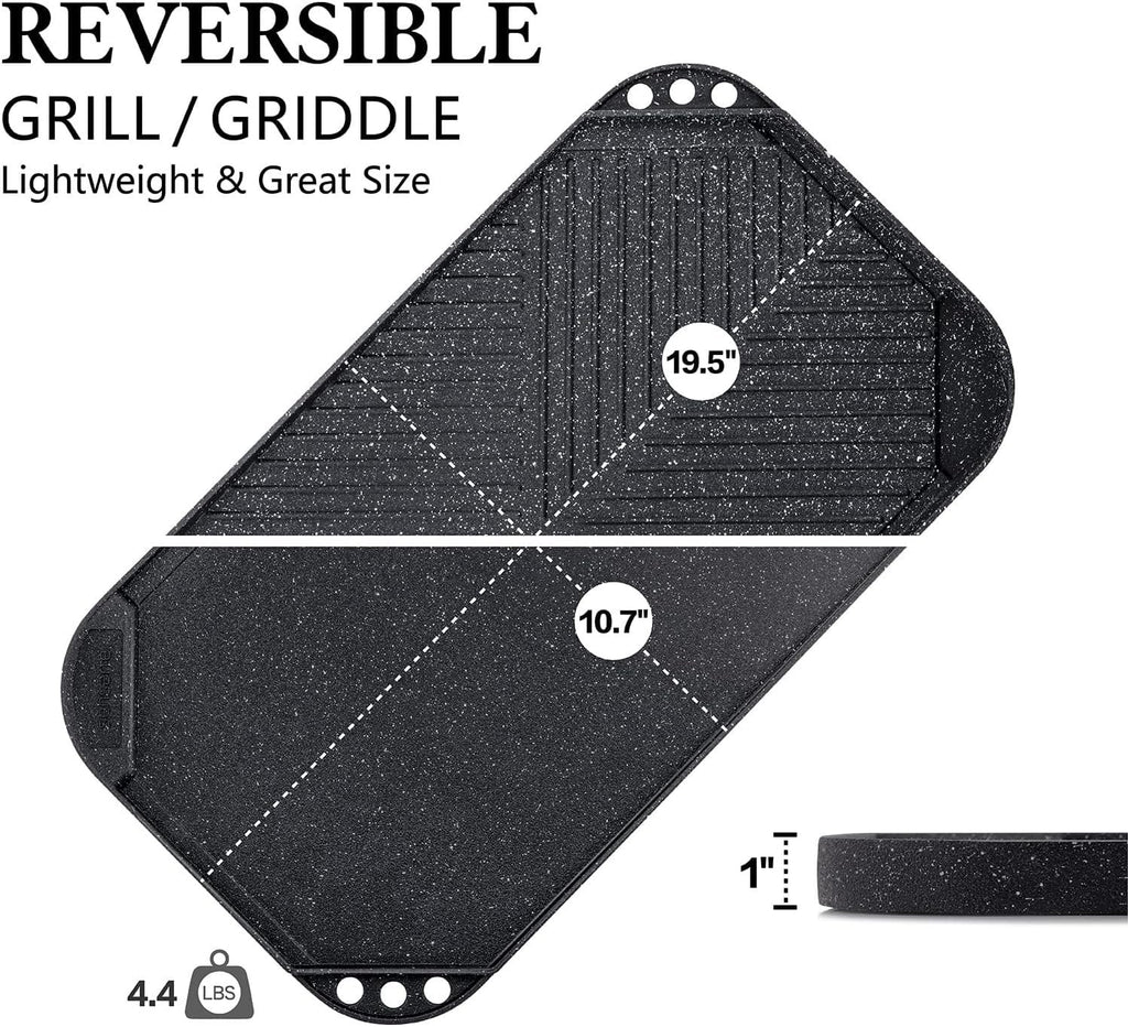 Nonstick Reversible Grill & Griddle Pan, Two Burner Cast Aluminum, Indoor Stovetop or Outdoor Camping, 19.5" x 10.7" B9380