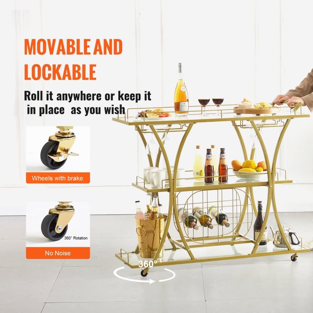 Metal Bar Serving Cart with Wine Rack and Glass Holder, 3 Tiers R942482