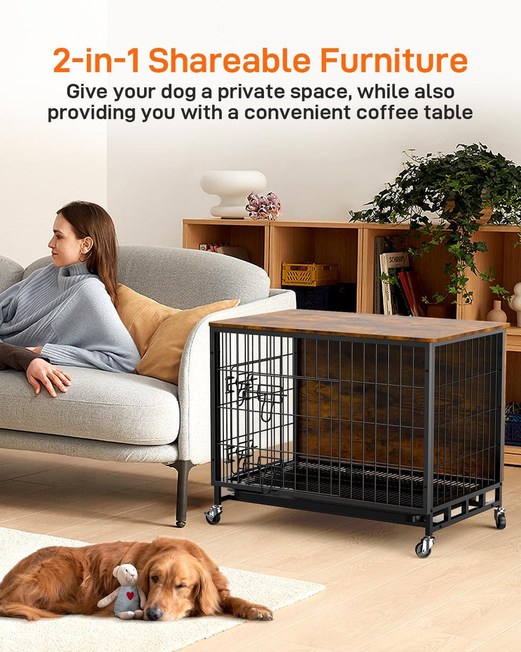 Wooden Dog Crate Furniture with Removable Tray and Wheels for Large Dogs I819