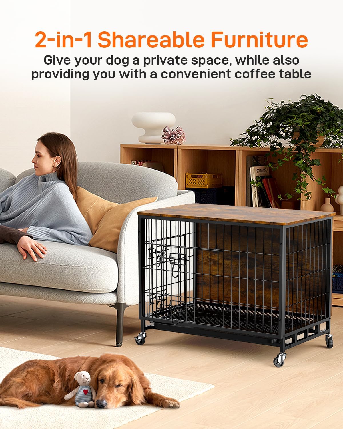 Wooden Dog Crate Furniture with Removable Tray and Wheels for Large Dogs I819