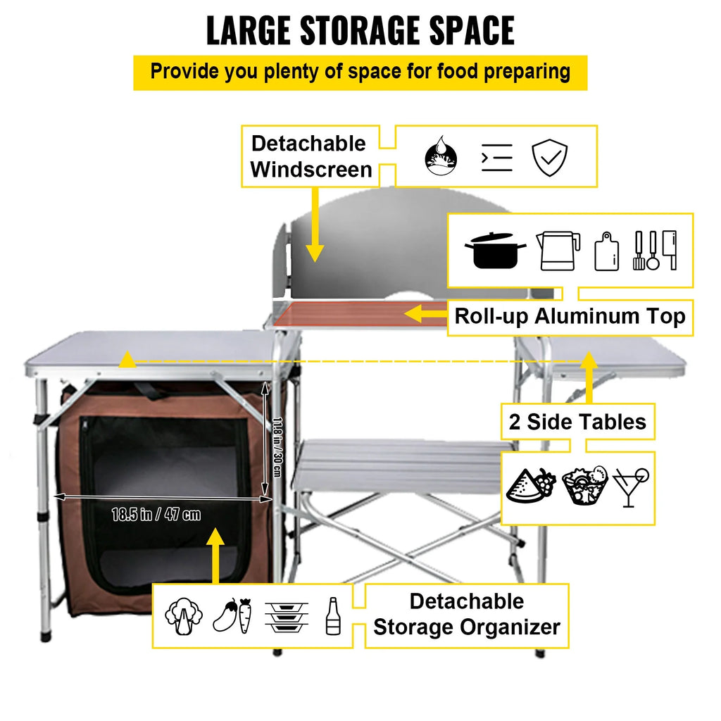 Portable Folding Camp Cook Table with Windshield and Storage Organizer W100369