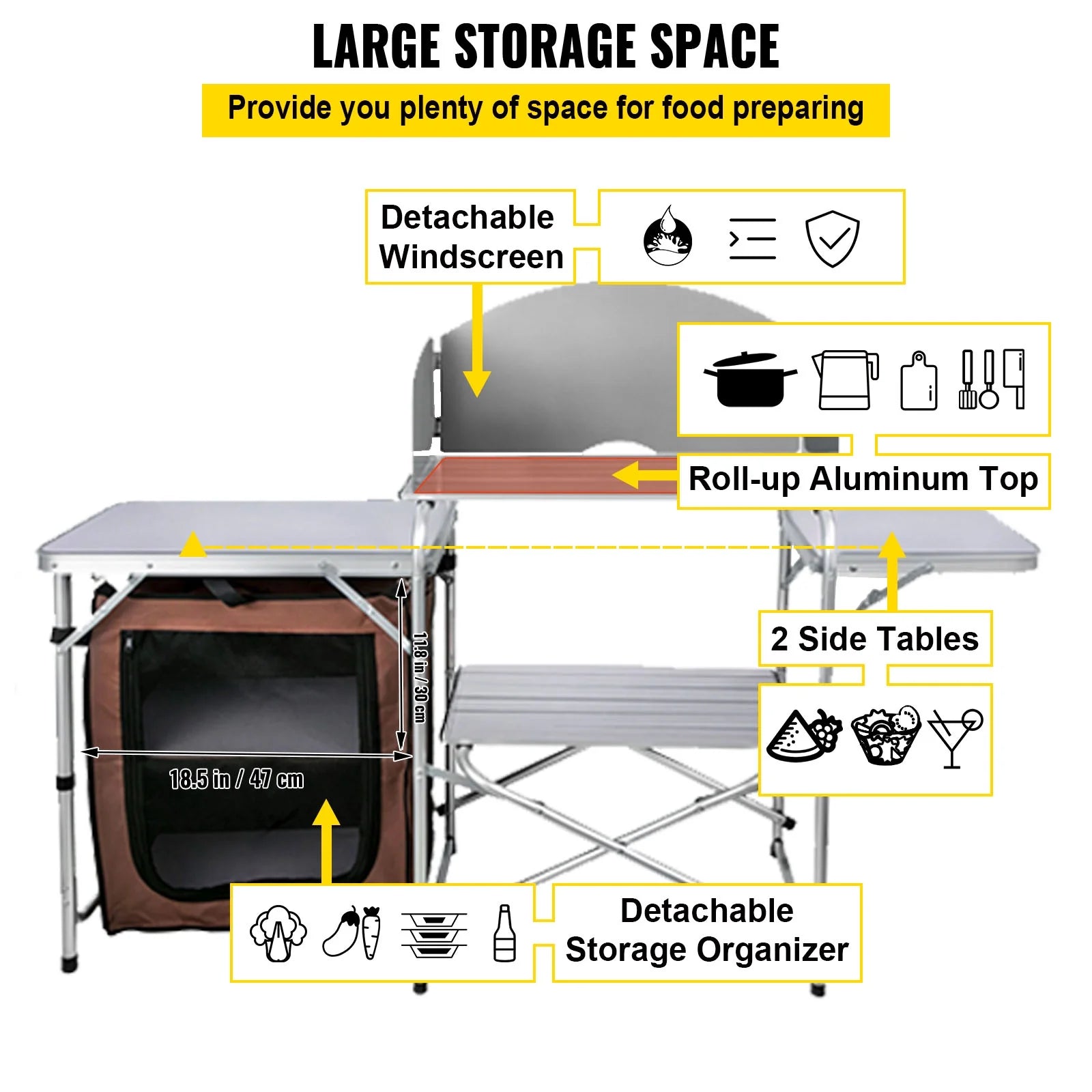 Portable Folding Camp Cook Table with Windshield and Storage Organizer W100369