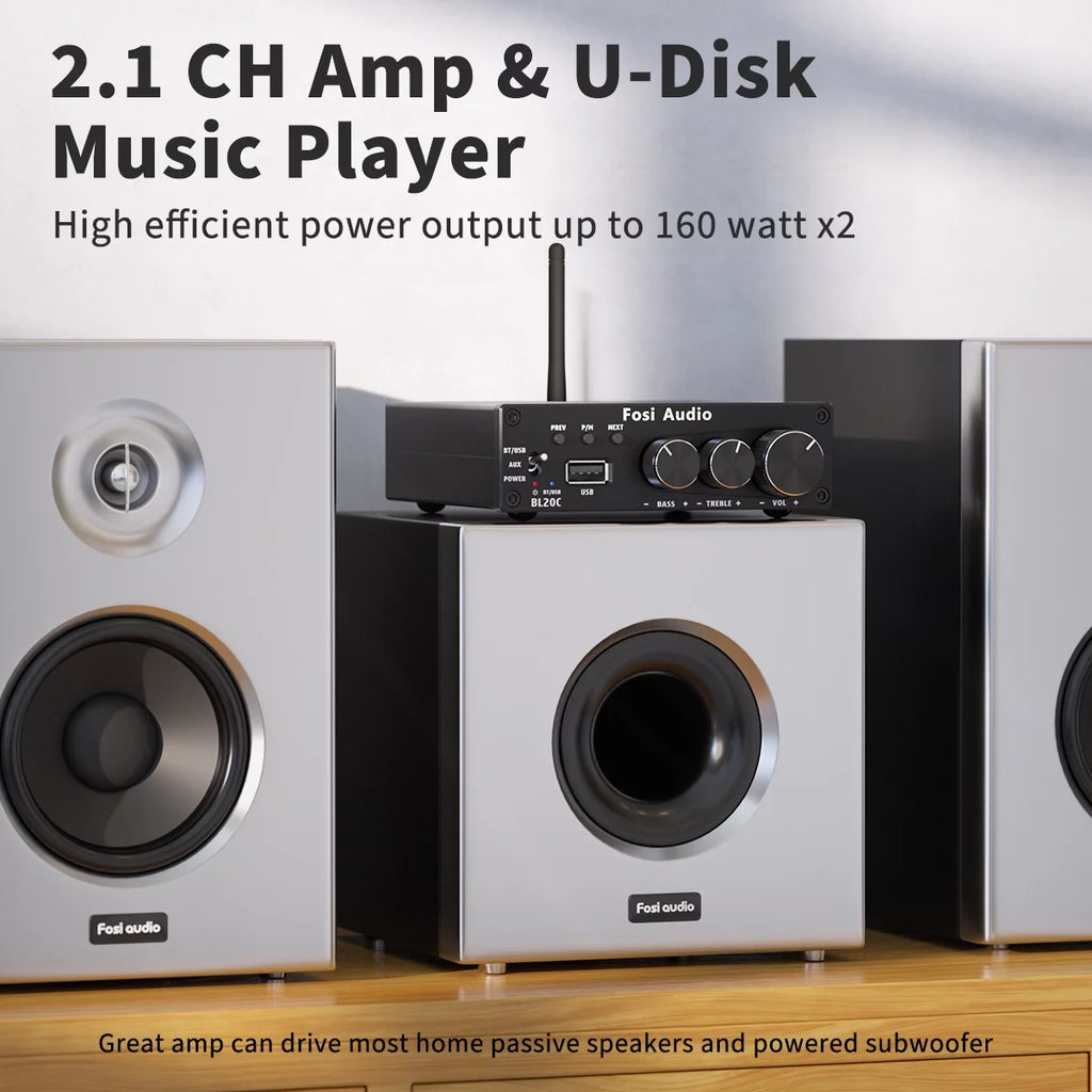 Bluetooth 5.0 Stereo Receiver Amplifier 2.1 CH Mini Hi-Fi Class D Integrated Amp for Home Passive Speakers M281807