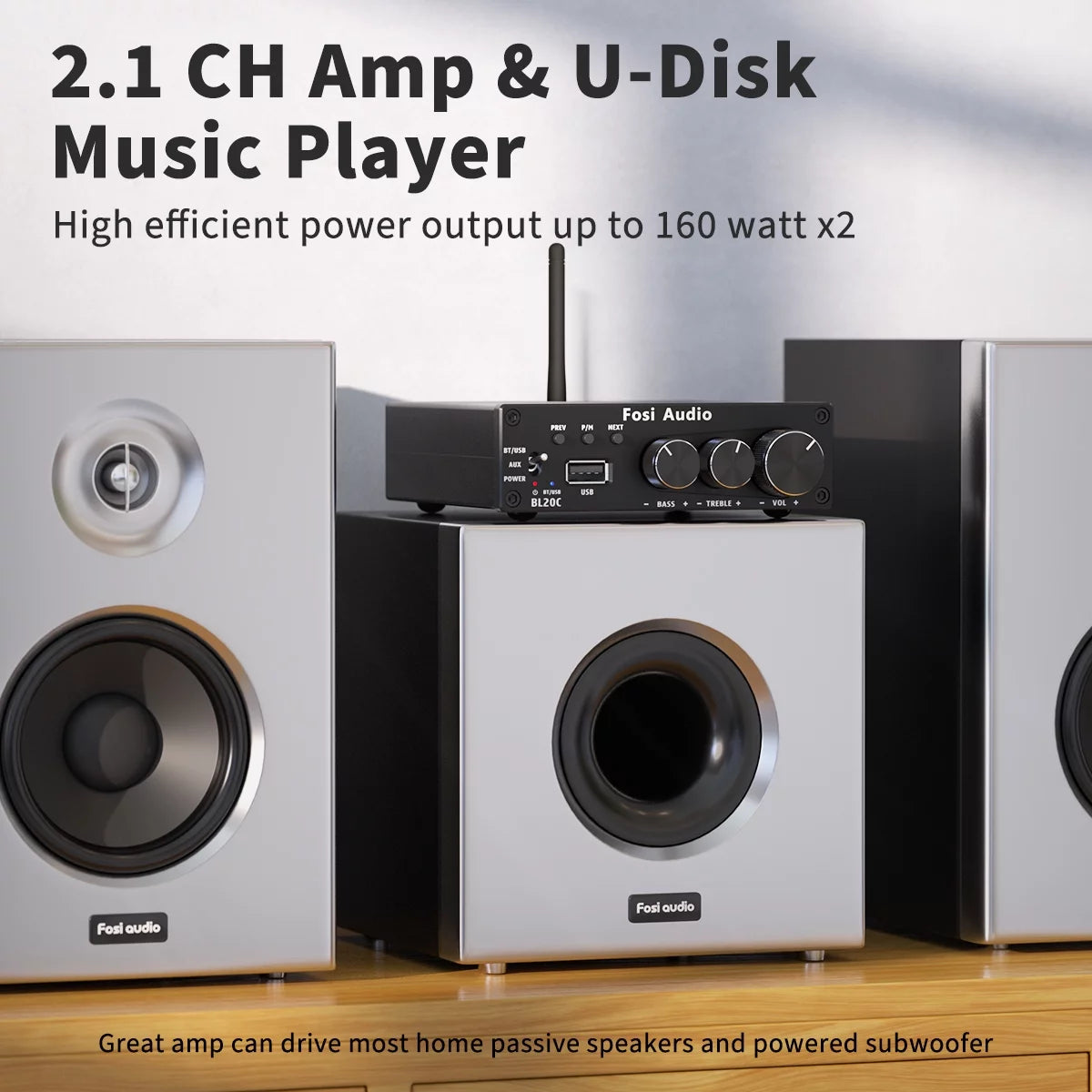 Bluetooth 5.0 Stereo Receiver Amplifier 2.1 CH Mini Hi-Fi Class D Integrated Amp for Home Passive Speakers M281807