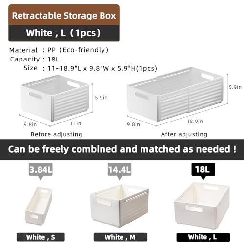 Retractable Plastic Storage Bins with Handles, Stackable Organizer for Closet Kitchen Pantry I31115