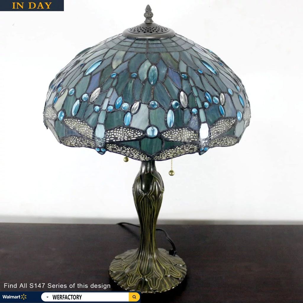 Stained Glass Table Lamp with Metal Base, 24" Tall, Sea Blue Dragonfly Style U808