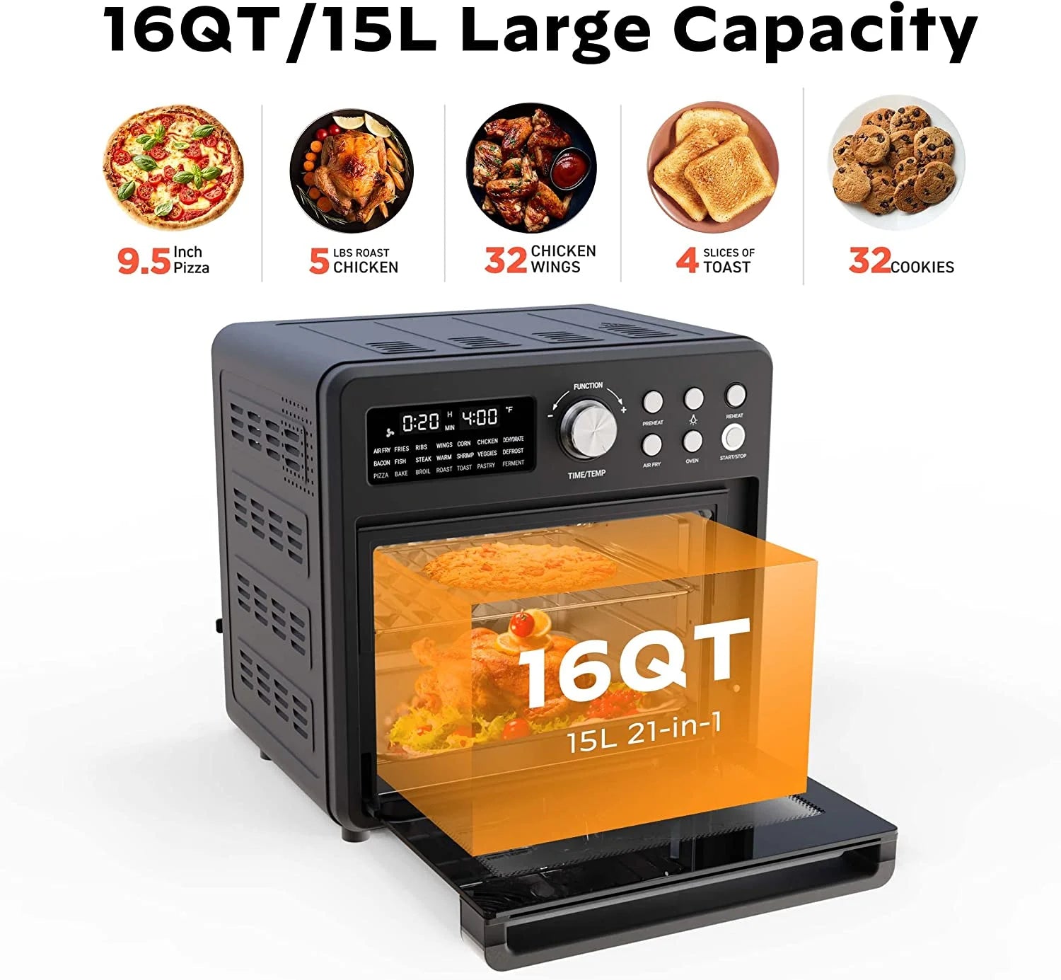 16 Quart Air Fryer Toaster Oven Combo, 1600W, Black B30948