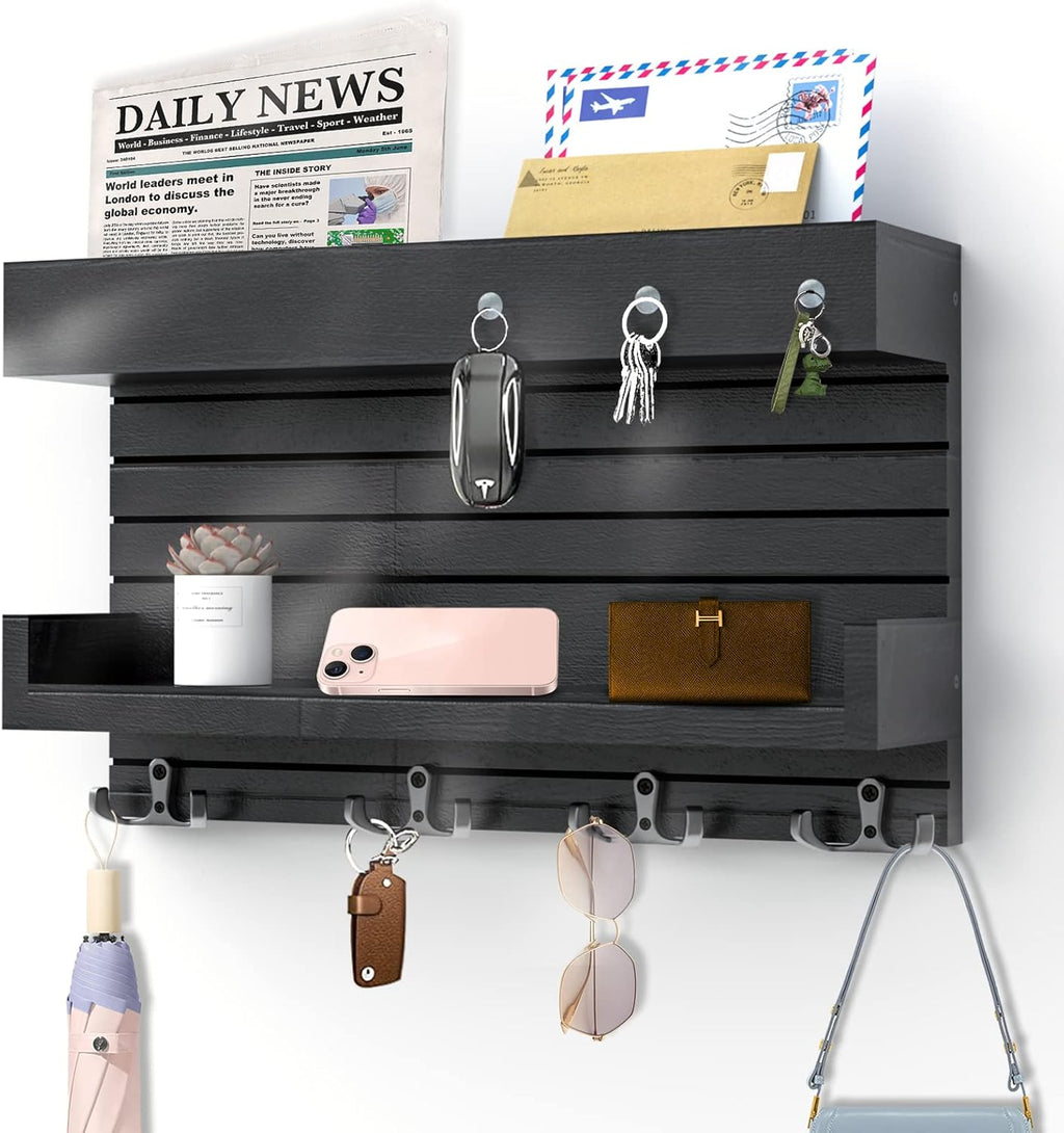 Key Holder for Wall Decorative Wall Mounted Mail Holder with 4 Key Hooks, Wooden Key Rack Mail Sorter Organizer, Double Shelf Key Hanger Mail Key Organizer, Rustic Home Decor for Entryway Hallway