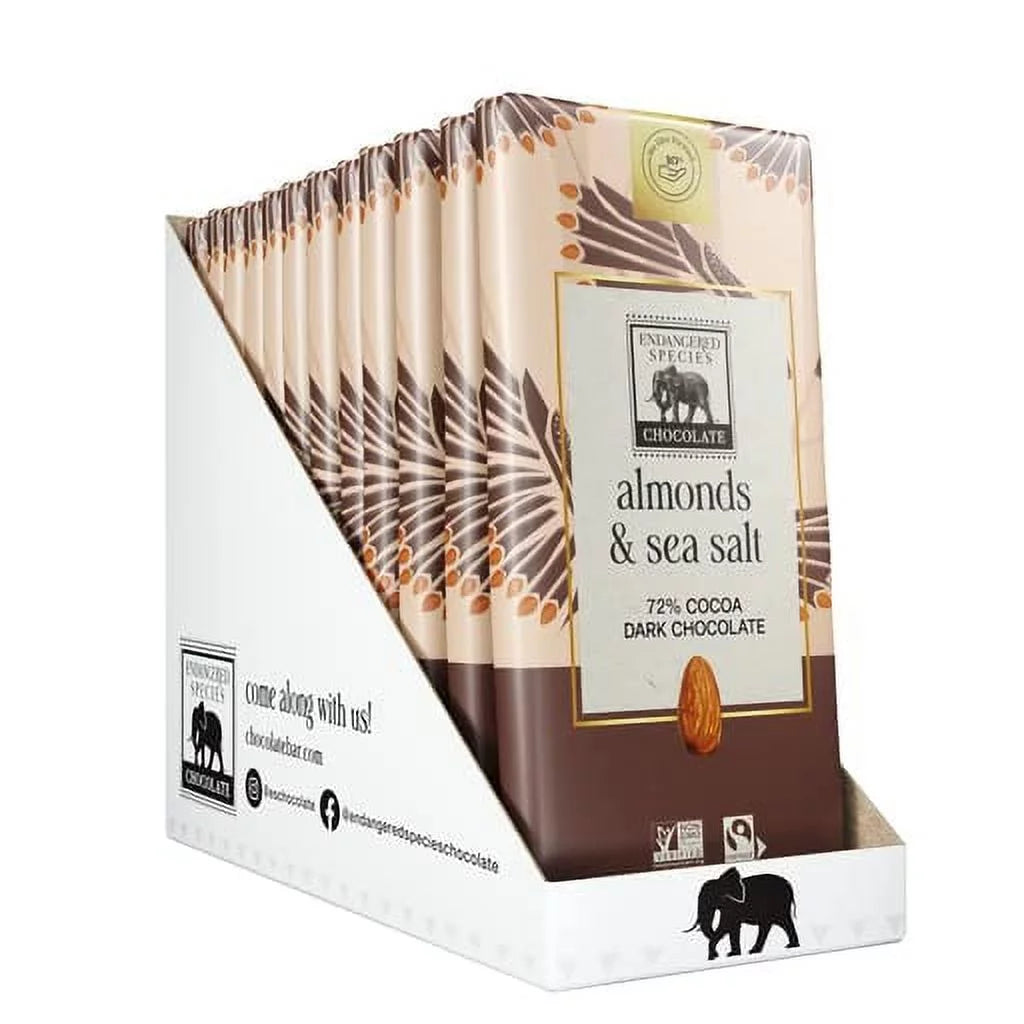 Endangered Species Chocolate Bar, Dark Chocolate with Sea Salt & Almonds, 3 Ounce (Pack of 12)