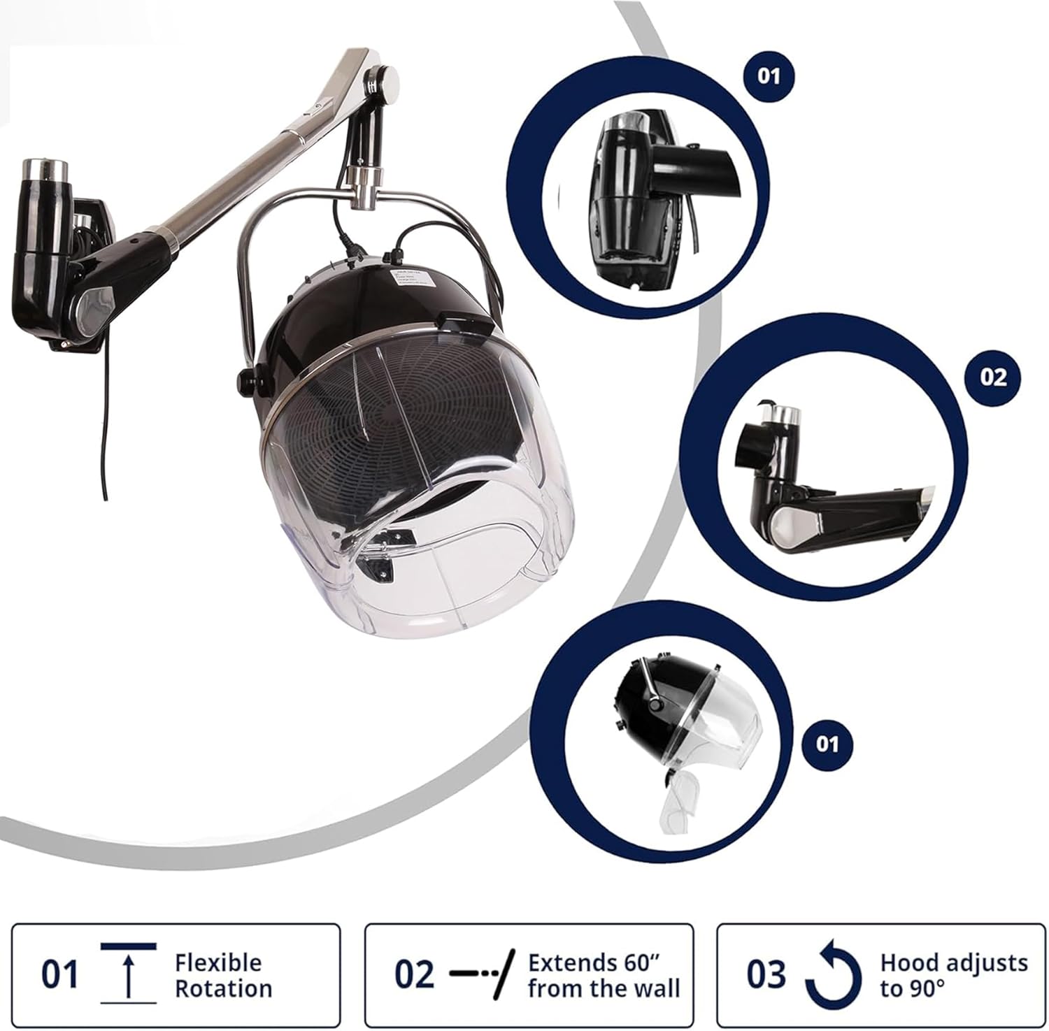 Retractable 900W Wall Mounted Hair Hood Dryer with Swivel Arm and Timer W7850