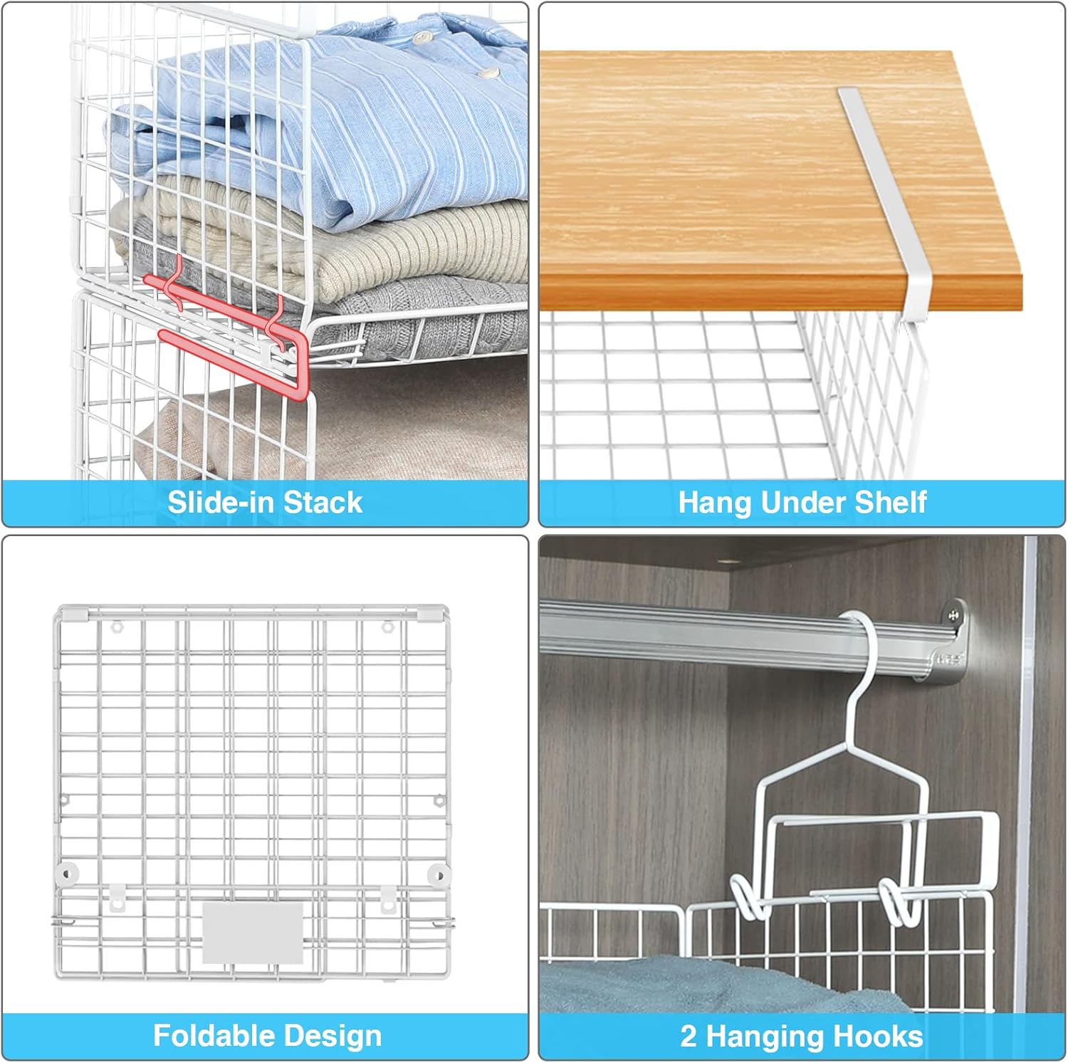 Under Closet Shelf Basket Hanging Clothes Storage Organizer with Hooks P180002