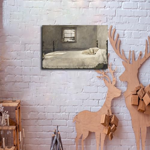 Dog Lying on Bed Scene Poster Canvas Painting Wall Decoration L33356