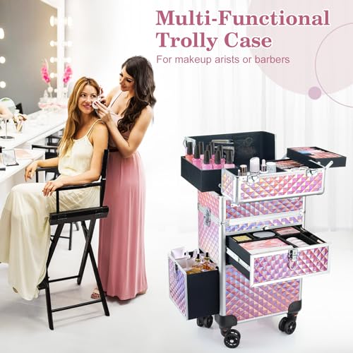 Rolling Makeup Train Case with Swivel Wheels, Large Storage Travel Cart O998