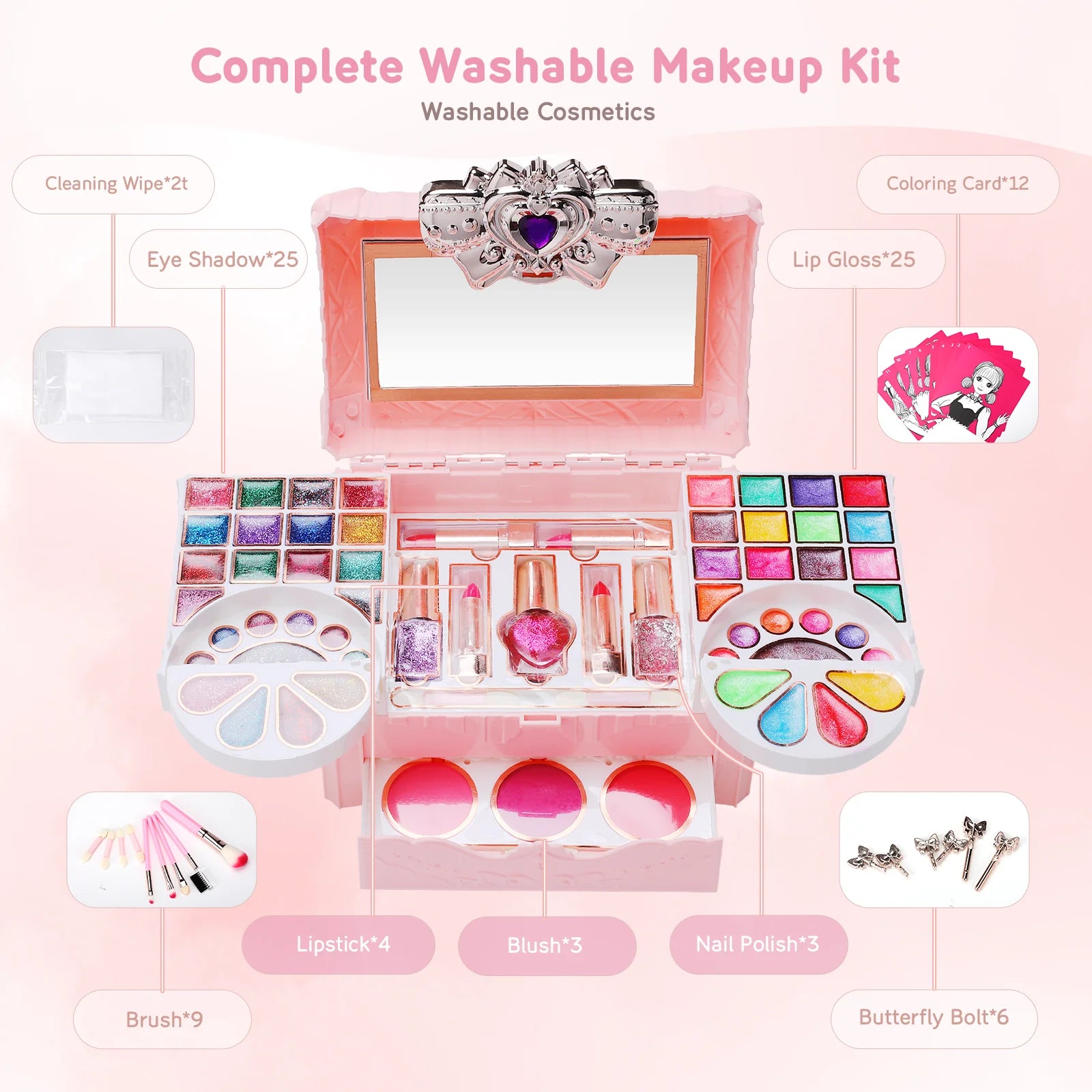 Kids Makeup Kit Toys for Girls, 90 Pcs Washable Play Set, Ages 3-10 D724103