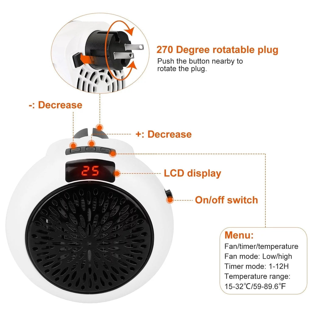 Portable Space Heater Fan Wall Outlet Plug-in P9992