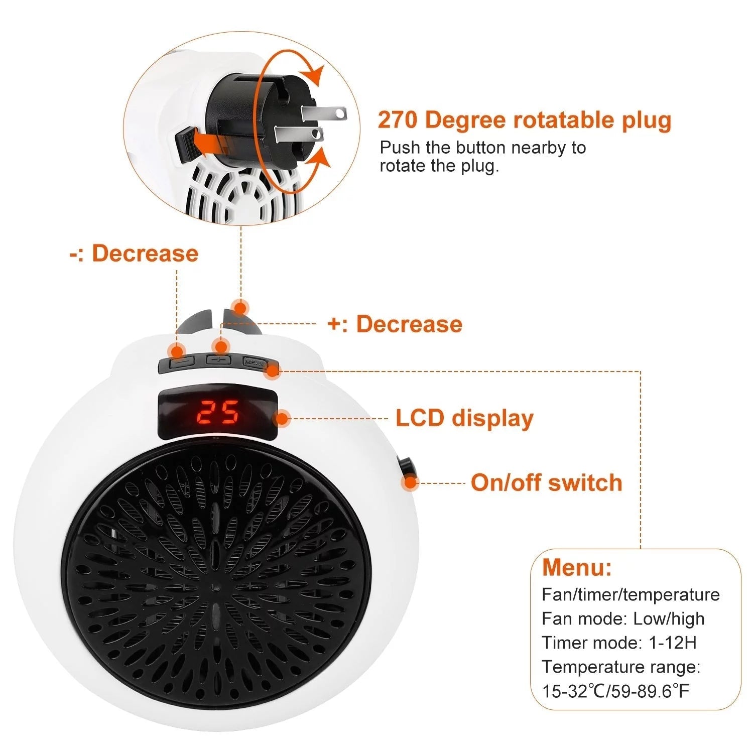 Portable Space Heater Fan Wall Outlet Plug-in P9992