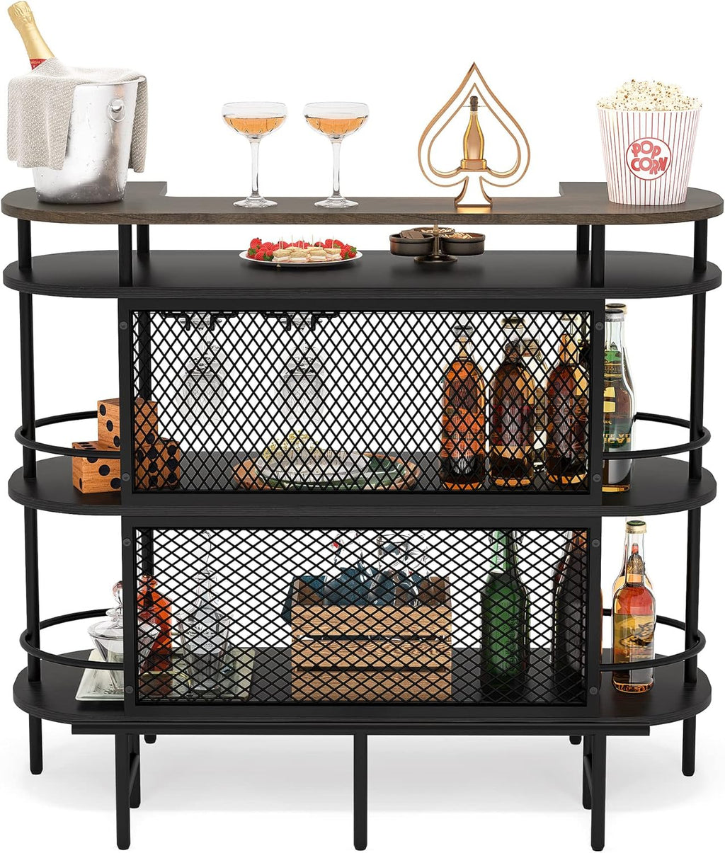 Bar Cabinet with Storage Shelves, Wine Glasses Holder, Black and Walnut P4787