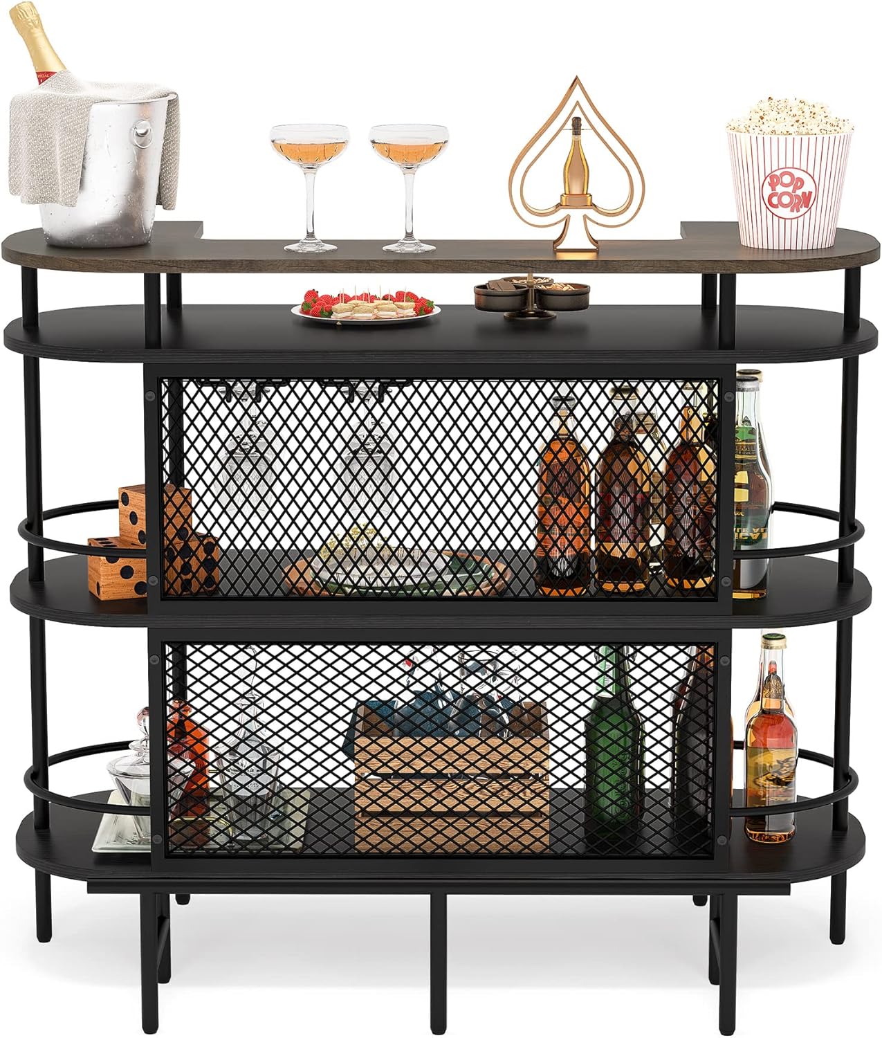 Bar Cabinet with Storage Shelves, Wine Glasses Holder, Black and Walnut P4787