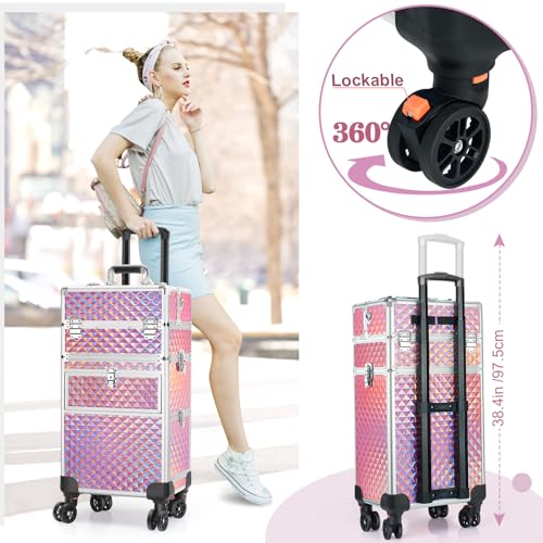 Rolling Makeup Train Case with Swivel Wheels, Large Storage Travel Cart O998