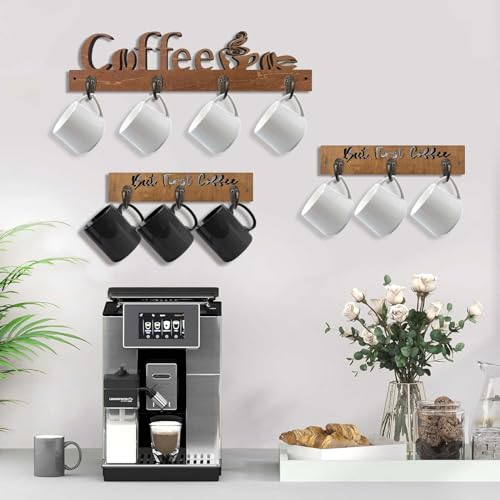 Mug Rack Wall Mounted with 10 Hooks, Wooden Coffee Cup Holder L3676