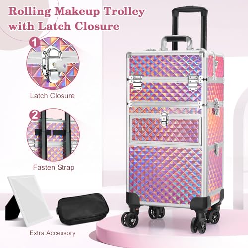 Rolling Makeup Train Case with Swivel Wheels, Large Storage Travel Cart O998