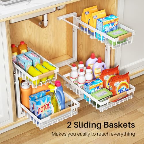 Under Sink Organizer 2 Pack, 2 Tier Metal Slide Out Shelf for Kitchen Bathroom R795