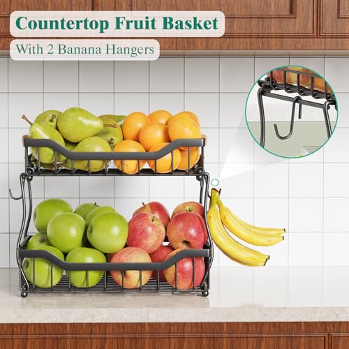 3 Tier Countertop Fruit Basket with Banana Hangers, Black C7474