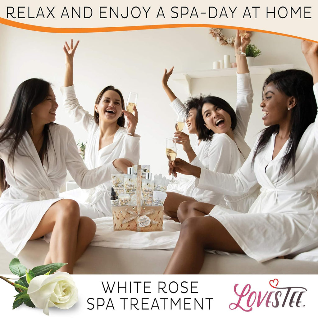 Spa Gift Basket for Women, White Rose Body Lotion, Shower Gel, Bath Salt, Candle B430