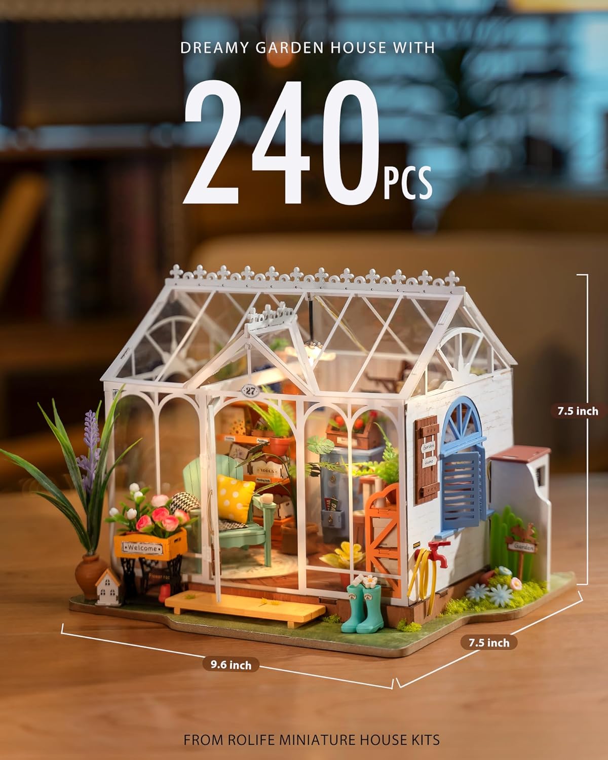 DIY Miniature Dollhouse Kit, Greenhouse Diorama Building Set with LED, Hobby Craft for Adults and Teens D33768