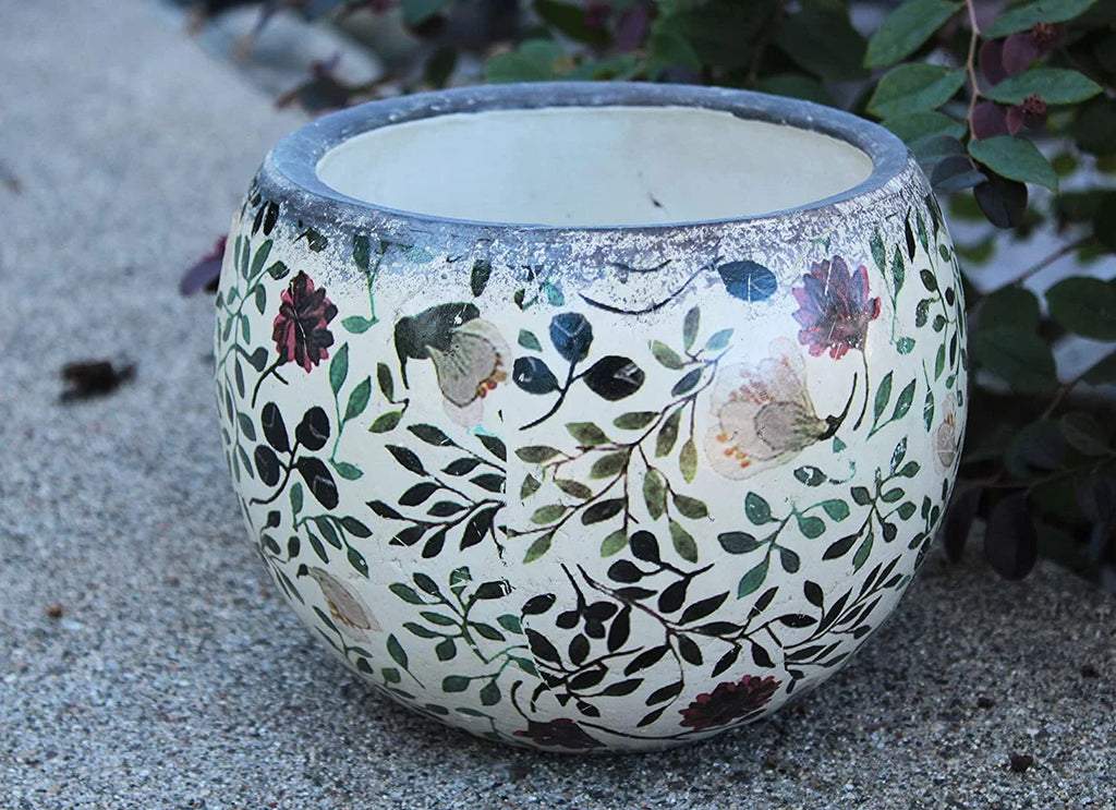 Ceramic round planters for garden, floral print L8346