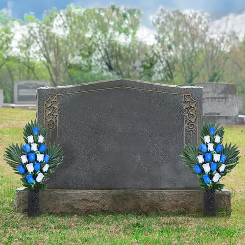 2 Sets Artificial Cemetery Flowers with 2 Long Nail Vases, Outdoor Grave Decorations Q357288