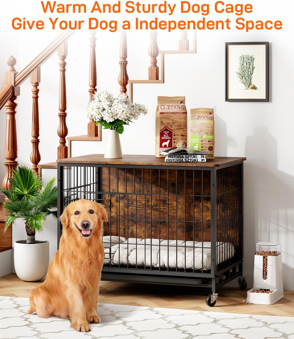Wooden Dog Crate Furniture with Removable Tray and Wheels for Large Dogs I819