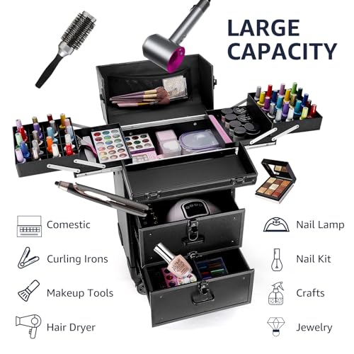 Rolling Makeup Train Case with Wheels, Sliding Drawer & Keys N3025