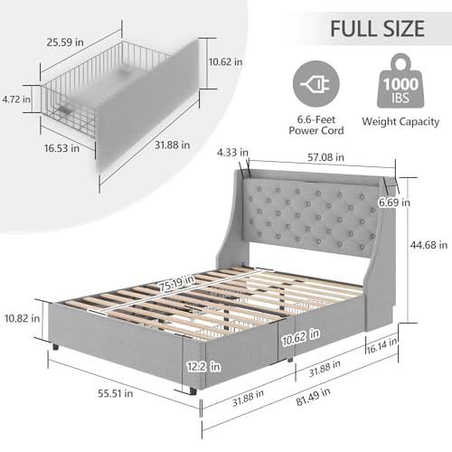 Queen Bed Frame with 4 Storage Drawers, USB Charging Port, Upholstered Wingback Headboard W4165
